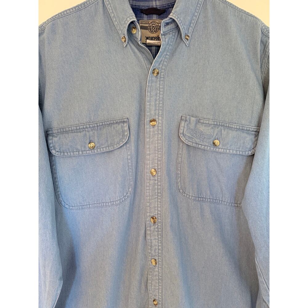 Wrangler Rugged Wear Chambray Button Up Shirt Mens Medium Blue Western Workwear - Picture 4 of 4